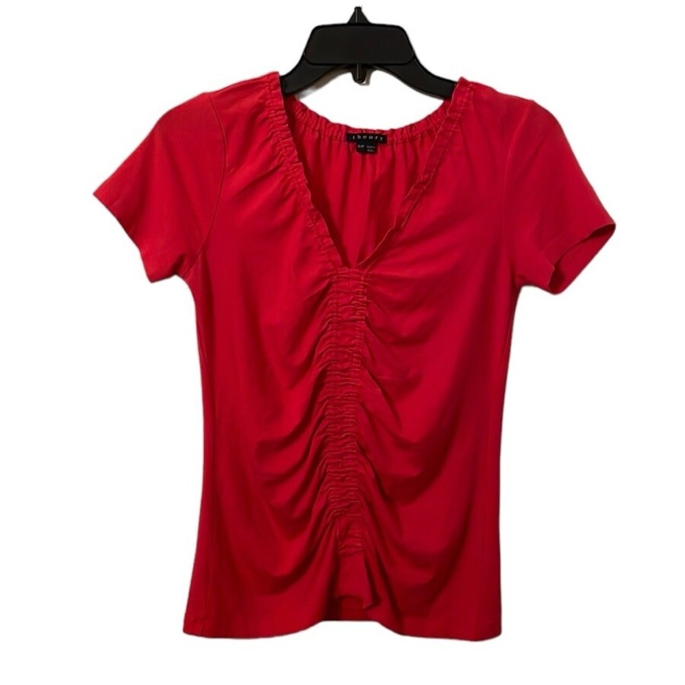 Theory Women's Hot Pink V-Neck Ruffle/Rushed Short Sleeve Top Size S‎